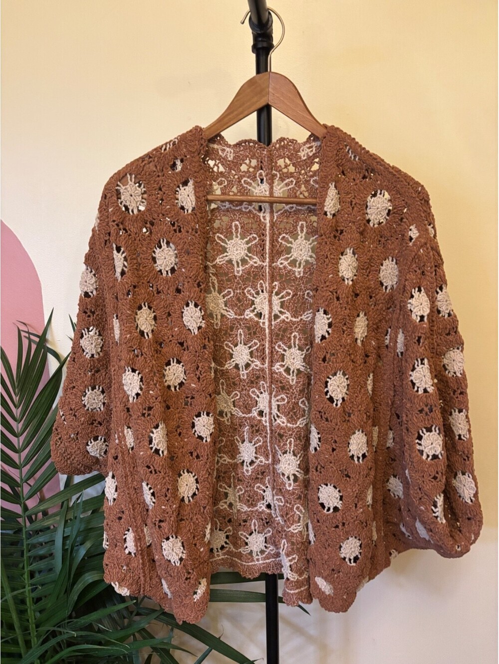 Crochet Floral Boho Hippie Kimono Cardigan Sweater Tan Beige Brown Size OS